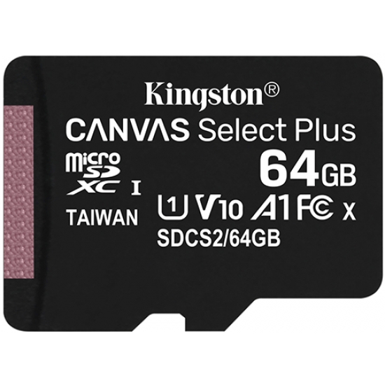 Kingston 64GB Canvas Select Plus Micro SD (SDXC) Card U1, V10, A1, 100MB/s  R, 10MB/s W, Buy Online, Kingston
